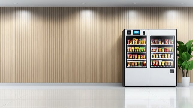 A modern vending machine filled with snacks and drinks in a minimalist interior space.