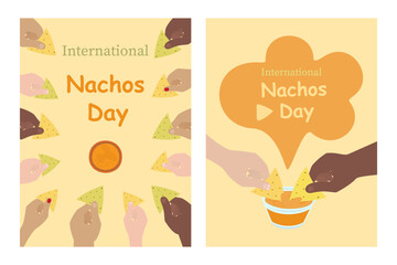 Human hands dipping Nachos in cheese sauce and International Nachos Day lettering. Set 2 Leaflets