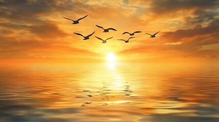 Obraz premium A flock of birds flying over a calm ocean, their silhouettes highlighted by a golden sunset