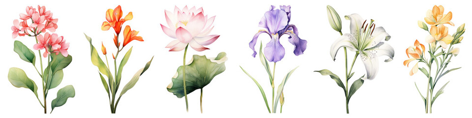 Watercolor flower illustration png cut out element set, transparent background