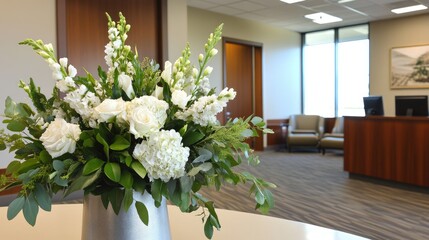 A luxury office reception with a sleek vase of white and green floral arrangements.