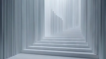 A minimalistic exhibition setup with clean D-rendered elements and muted tones.
