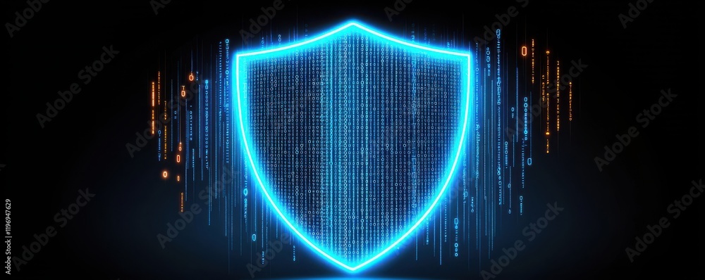 Poster a glowing blue shield symbolizing digital security and protection against cyber threats, surrounded 