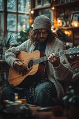 Obraz premium A person strums a guitar while seated on a couch, great for music or relaxation-themed projects