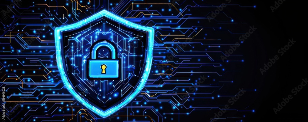 Poster a digital shield with a padlock symbolizes cybersecurity, protecting data in a tech environment fill