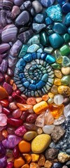 Fototapeta premium Colorful gemstone spiral mosaic, flatlay, background texture