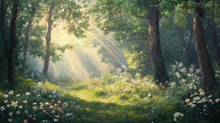 Obraz premium A tranquil spring forest with lush green trees, wildflowers,