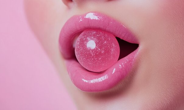 Close-Up of Woman's Lips with Bubble Gum in Pink, Captivating Glossy Finish and Vibrant Color Contrast, Perfect for Beauty and Fashion Themes