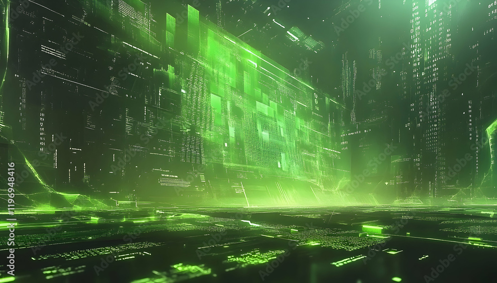 Poster futuristic green digital landscape; abstract technological background with glowing data streams and 