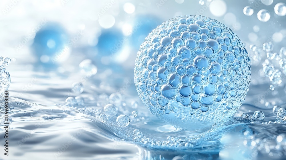 Poster digital illustration of small blue spheres floating in water with soft light reflections and bubbles