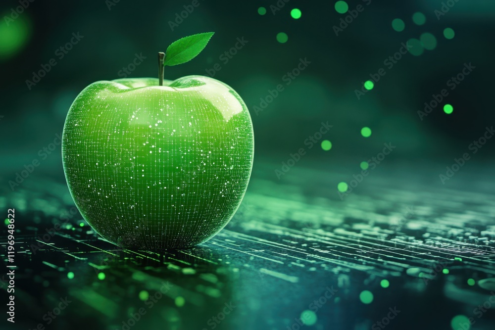 Poster digital green apple glowing with data patterns on dark background at night