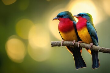 Two colorful birds sit on a branch