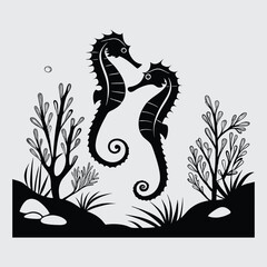 pair-of-seahorses image silhouette vector art and illustration