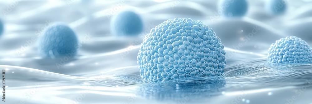Poster digital illustration of small blue spheres floating in a soft ethereal environment with subtle waves