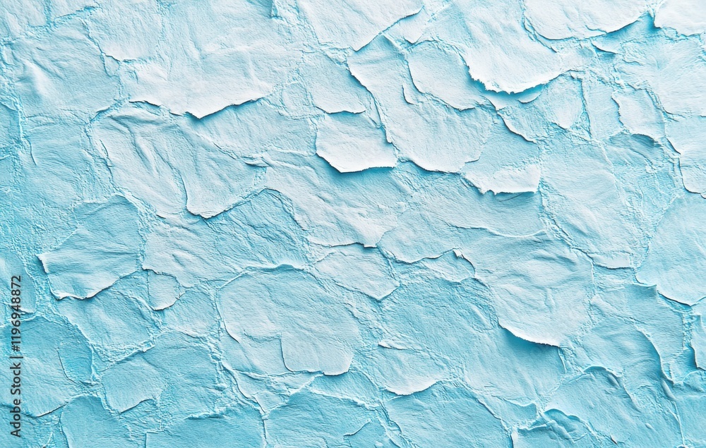 Poster close-up view of light blue cracked paint texture on wall surface, showing unique patterns and artis
