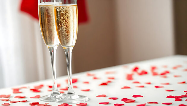 Romantic Champagne Toast with Red Heart Confetti on White Background – Soft Focus Effect