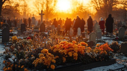 Group of people surrounding a cemetery, possibly mourning or paying respects