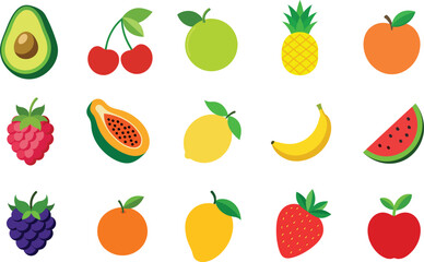 Set of  Colorful fruits Vector Illustration Natural Tropical fruits. Apple, Strawberry, Banana, Orange, Pineapple, Lemon, Blackberry, Watermelon, Peach, Raspberry, Cherry, Lime, Mango, Avocado, Papaya