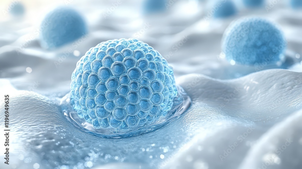 Poster highly detailed visualization of small blue spheres on a soft surface with a glossy finish and light