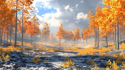 Naklejka premium Autumn landscape transformation forest trail nature scene vibrant environment expansive viewpoint seasonal change