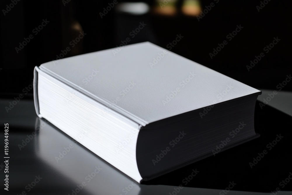 Poster a closed white book sitting on a table with no additional context