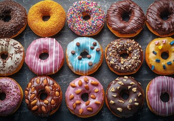 Colorful and Delicious Assortment of Gourmet Donuts with Varied Toppings Including Chocolate, Sprinkles, Nuts, and Icing Arranged Neatly on a Dark Surface