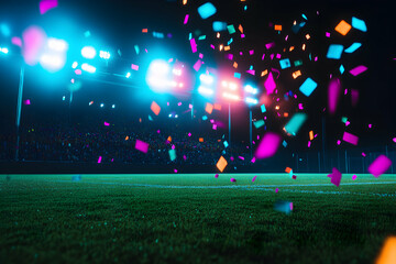 Festive confetti rains down on a vibrant stadium field at night, celebrating a victorious game under bright stadium lights.