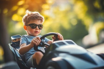 Naklejka premium A young boy wearing sunglasses is playing with his toy car, imaginative and fun