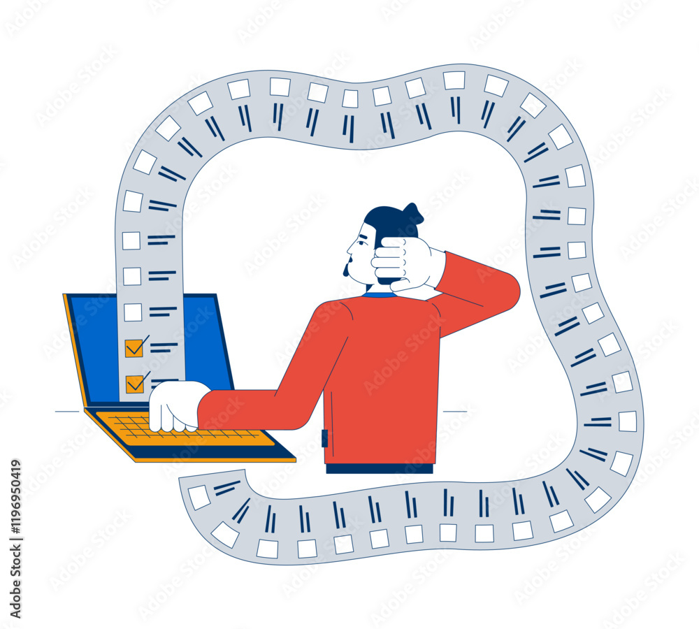 Poster long list tasks is overwhelming 2d illustration concept. endless work. overload overburdened. frustr
