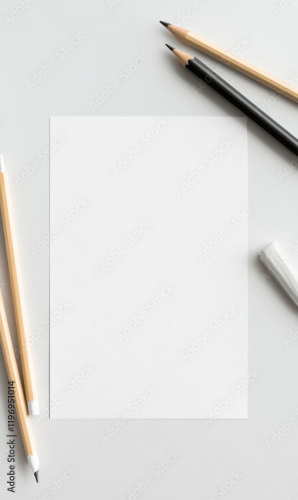 Aufkleber blank paper with pencils and a marker on a clean surface for creative design projects or note taking