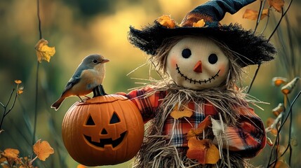 A pumpkins and a bird in a dark, eerie atmosphere