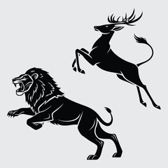 the lion is chasing the deer image silhouette vector art and illustration