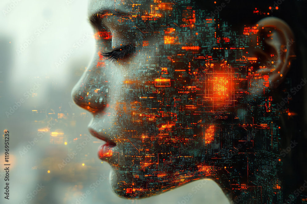Poster a digital artwork exploring the intersection of technology and philosophy, highlighting questions ab