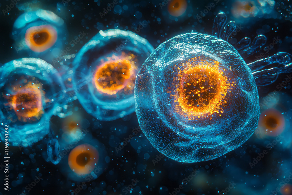 Poster a detailed microscopic view of a single cell, highlighting the intricate structures of the nucleus, 