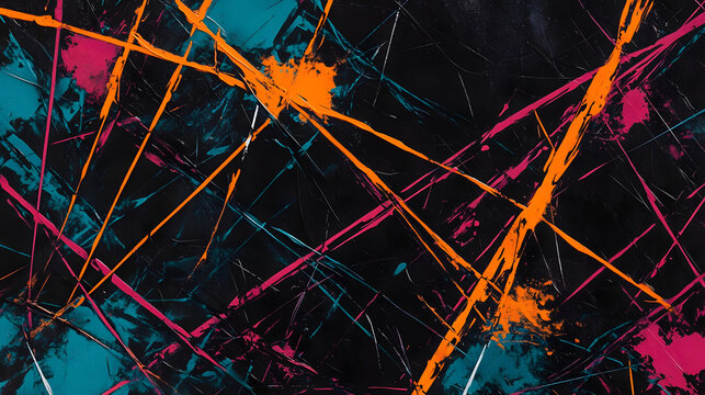 A chaotic web of intersecting lines in vibrant colors like orange, teal, and magenta, set against a textured black background for a striking and energetic abstract design 
