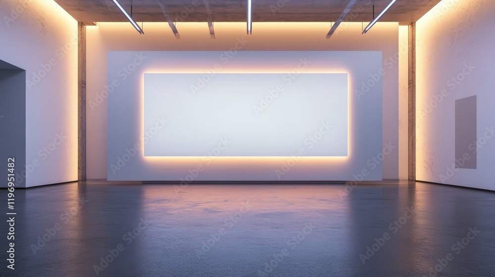 Poster empty modern art gallery with large blank wall illuminated by soft lighting in a minimalist space