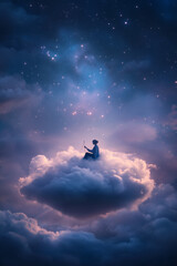 A serene and dreamy image of a person sitting on a cloud under a starry sky, engaging in creative activities like sewing or crafting stars set against a magical and celestial backdrop