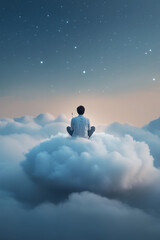 A serene and dreamy image of a person sitting on a cloud under a starry sky, engaging in creative activities like sewing or crafting stars set against a magical and celestial backdrop