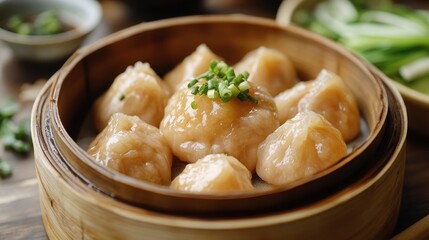 Delicious steamed dumplings in bamboo basket with chopped green onions