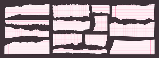 Pink Squared Lined Paper Scraps. Torn paper sheet in retro style for scrapbooking. Notebook ripped elements. Vector ripped paper edges clipart.

