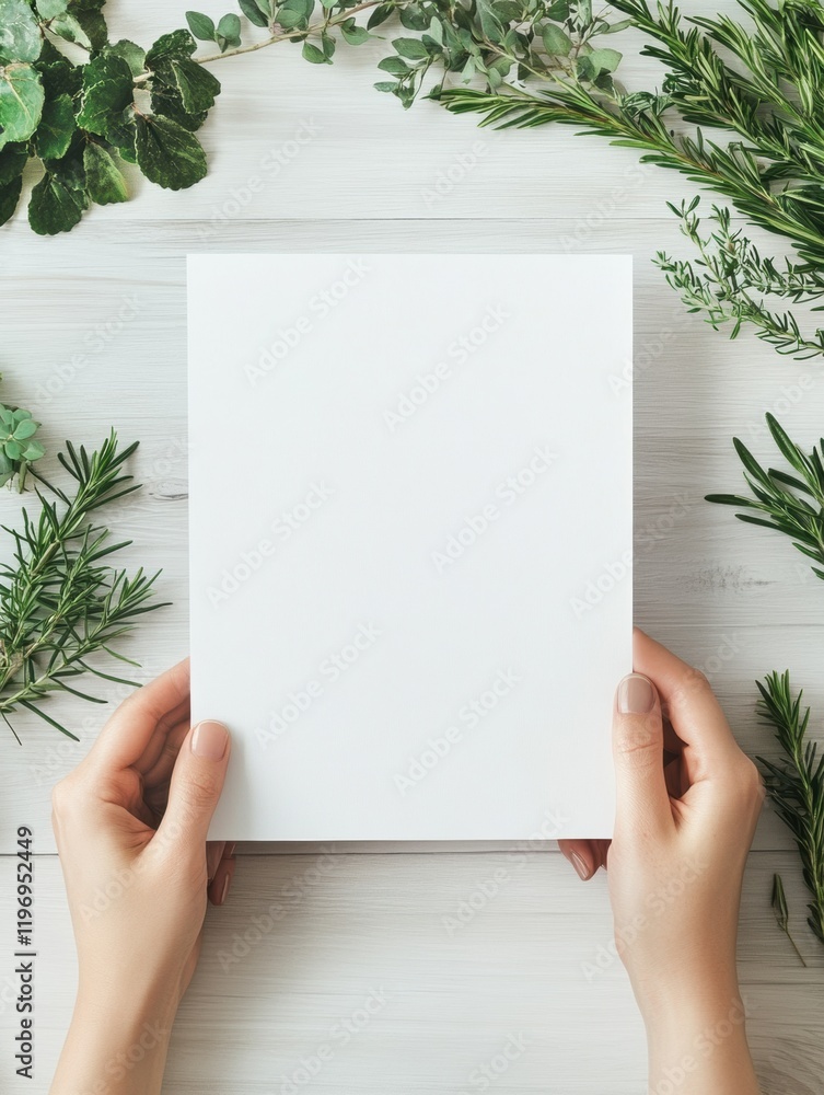 Poster blank canvas held by hands surrounded by fresh greenery perfect for creative design projects or invi