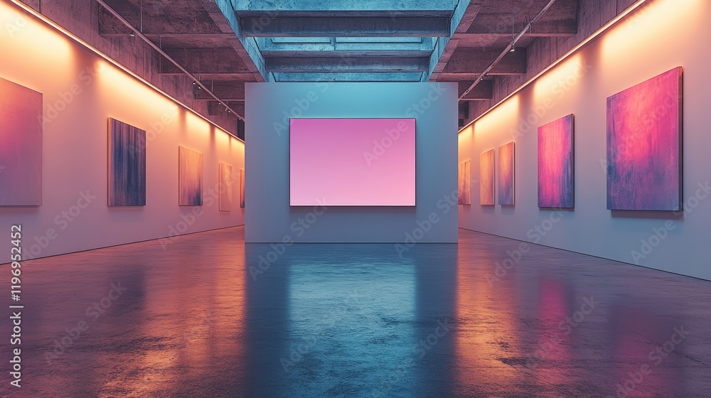 Poster expansive view of a modern art gallery with large blank walls and soft ambient lighting illuminating