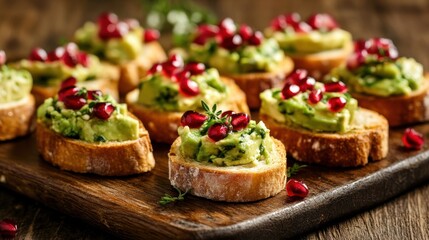Avocado bruschetta with pomegranate on rustic wooden board