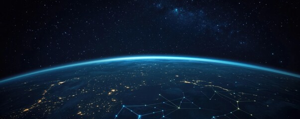 The globe is covered with luminous lines that connect the luminous dots. Concept of communication, global network, internet. 