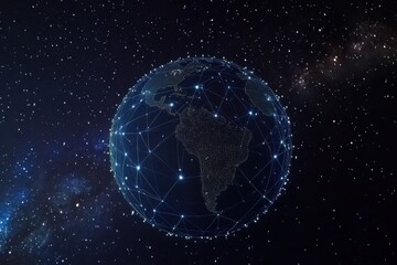 The globe is covered with luminous lines that connect the luminous dots. Concept of communication, global network, internet. 