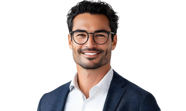 Portrait of a handsome, smiling businessman wearing glasses, isolated on transparent background, cut out