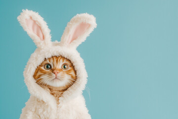 Portrait of Funny cat with easter bunny ears on blue background. Easter holidays concept