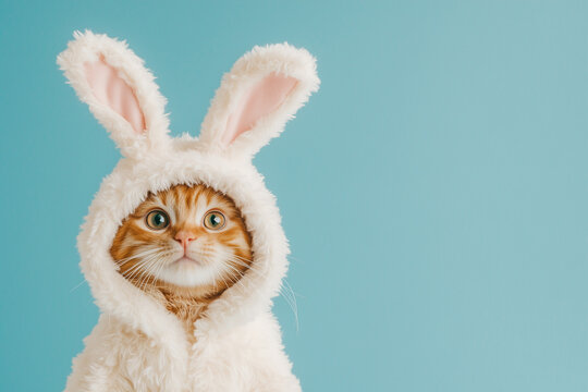 Portrait of Funny cat with easter bunny ears on blue background. Easter holidays concept