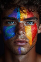 A close-up shot of a person with a colorful painted face, great for Halloween or costume-themed projects