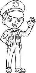 Cartoon smiling policeman waving hand line art